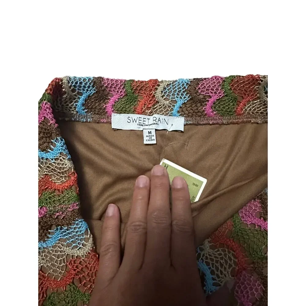 NWT Sweet Rain Multicolor Crochet Knit Maxi Skirt Lined Slit Boho Festival Med